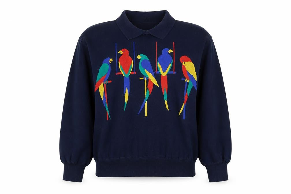 Jumpers Women Blue L Vintage Parrot Embroidered Collared Sweatshirt