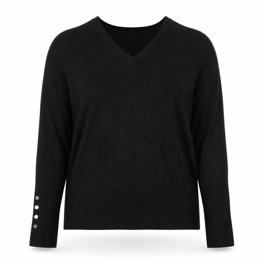 Zara Women Black V-Neck Knit Jumper 2XL Long Sleeve Button Cuffs