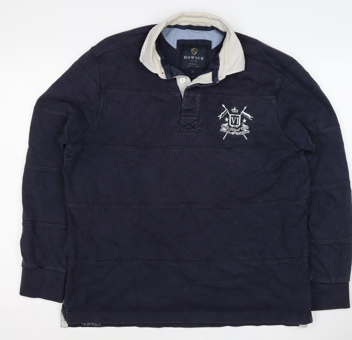 Howick Men Navy L Henley Collared Cotton Pullover Sweatshirt Logo