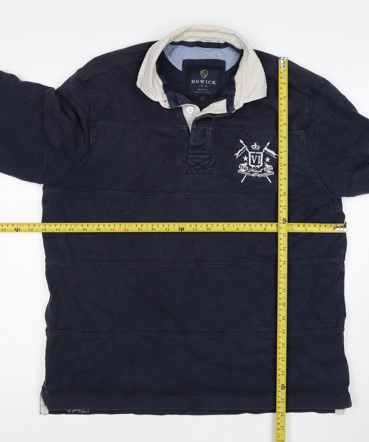 Howick Men Navy L Henley Collared Cotton Pullover Sweatshirt Logo