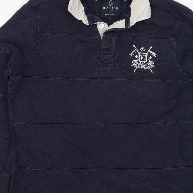 Howick Men Navy L Henley Collared Cotton Pullover Sweatshirt Logo