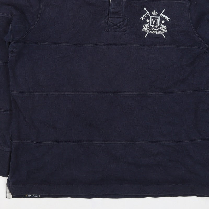 Howick Men Navy L Henley Collared Cotton Pullover Sweatshirt Logo