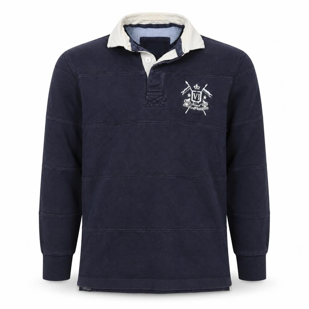 Howick Men Navy L Henley Collared Cotton Pullover Sweatshirt Logo