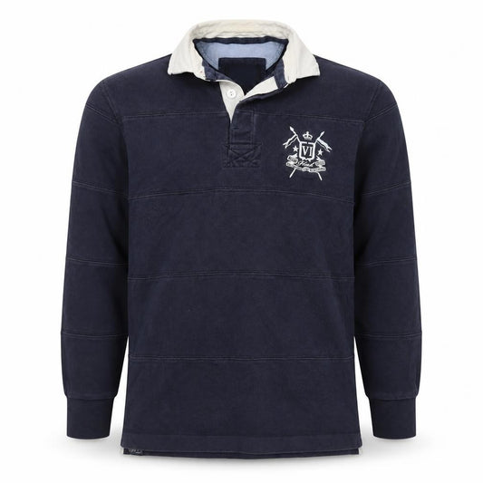 Howick Men Navy L Henley Collared Cotton Pullover Sweatshirt Logo