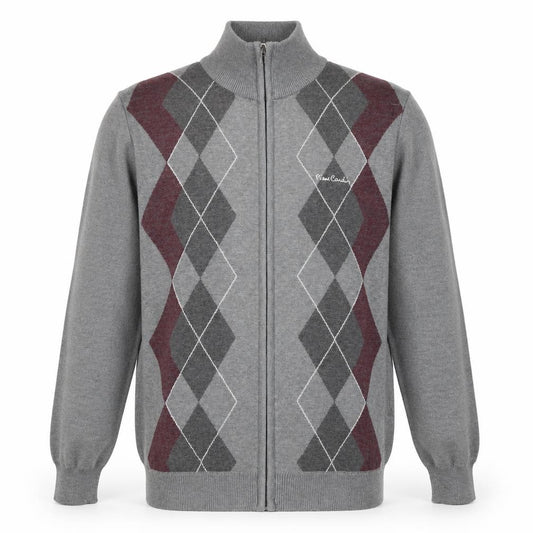 Pierre Cardin Men’s Grey XL Argyle Full Zip High Neck Knit Jumper