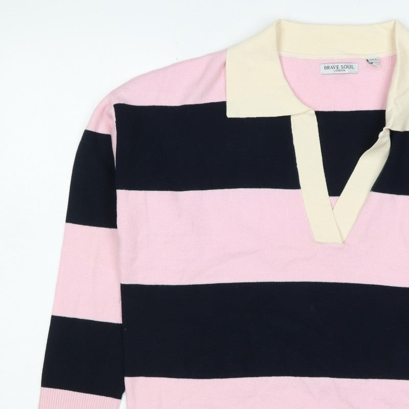 Brave Soul Women’s Multicoloured Striped Collared Knit Jumper Size M