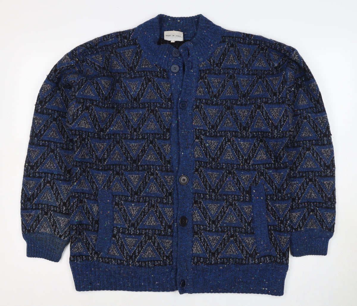 Ranger Uomo Unisex Blue Geometric Knit Button Cardigan UK 26