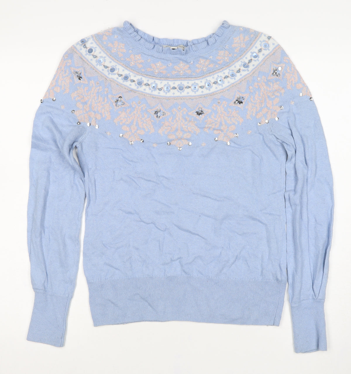 Monsoon Women Blue S Fair Isle Sequin Beaded Snowflake Knit Jumper