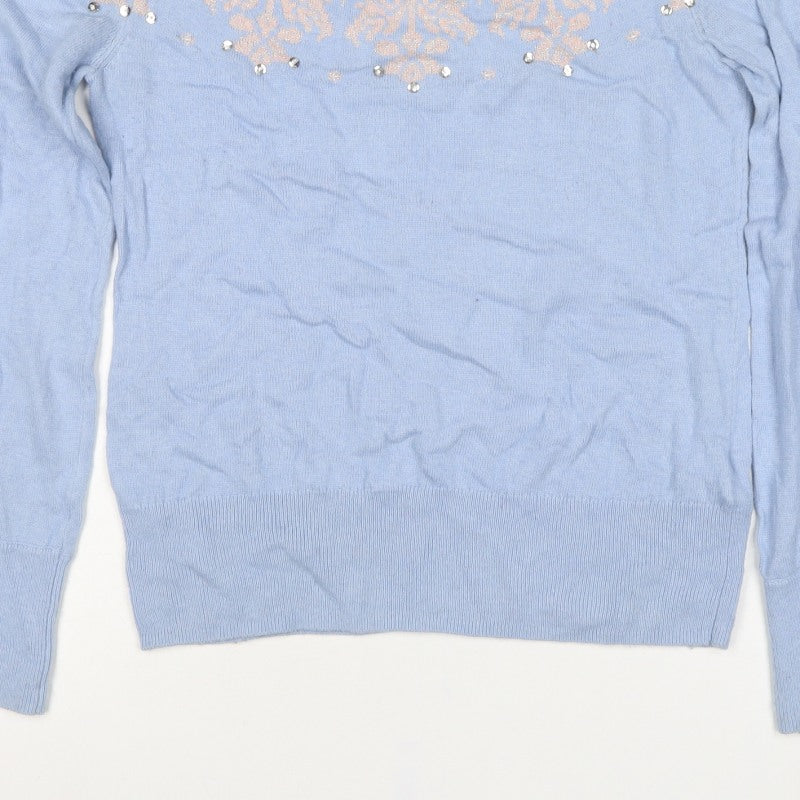 Monsoon Women Blue S Fair Isle Sequin Beaded Snowflake Knit Jumper