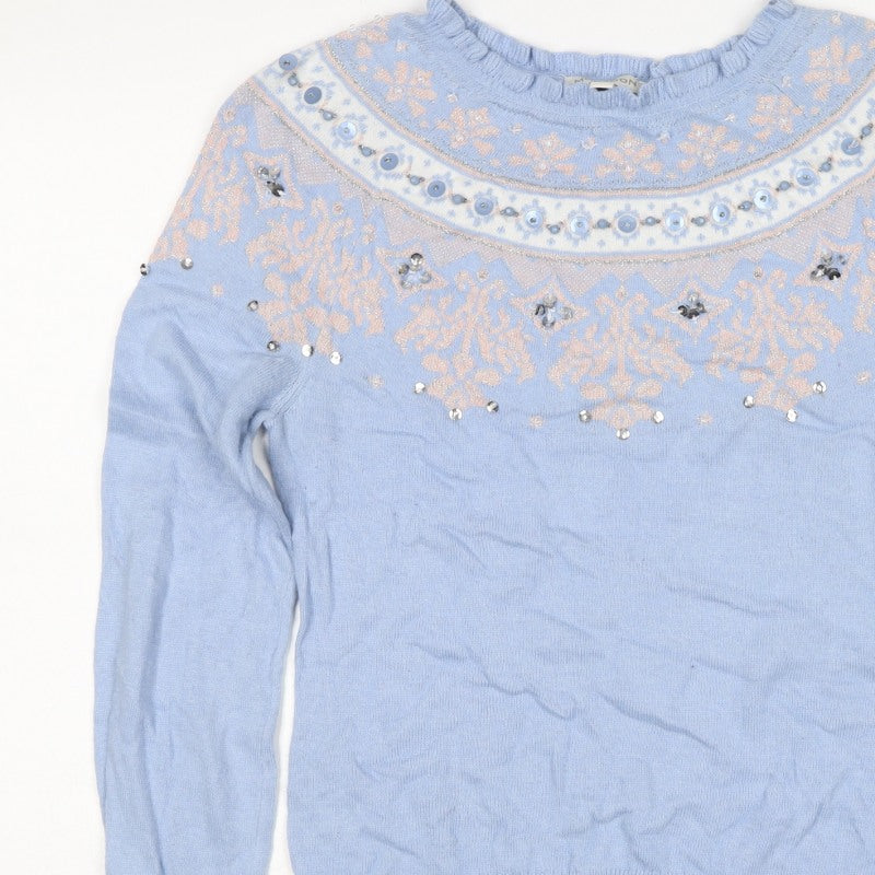 Monsoon Women Blue S Fair Isle Sequin Beaded Snowflake Knit Jumper