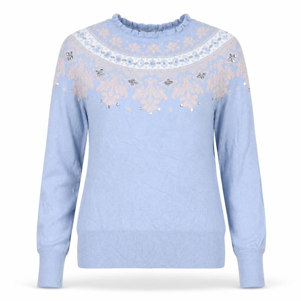 Monsoon Women Blue S Fair Isle Sequin Beaded Snowflake Knit Jumper