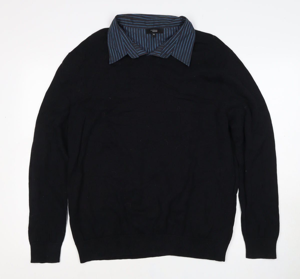 Thomas Nash Men Black Blue Stripe Collar XL Pullover Jumper