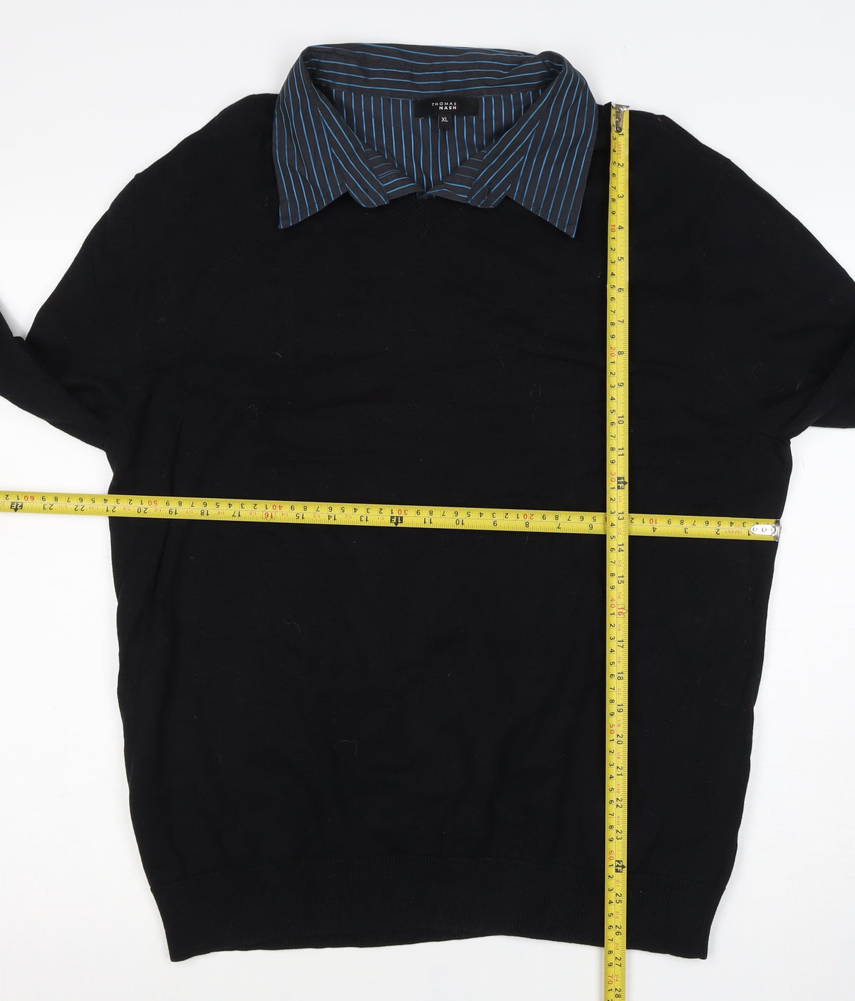 Thomas Nash Men Black Blue Stripe Collar XL Pullover Jumper