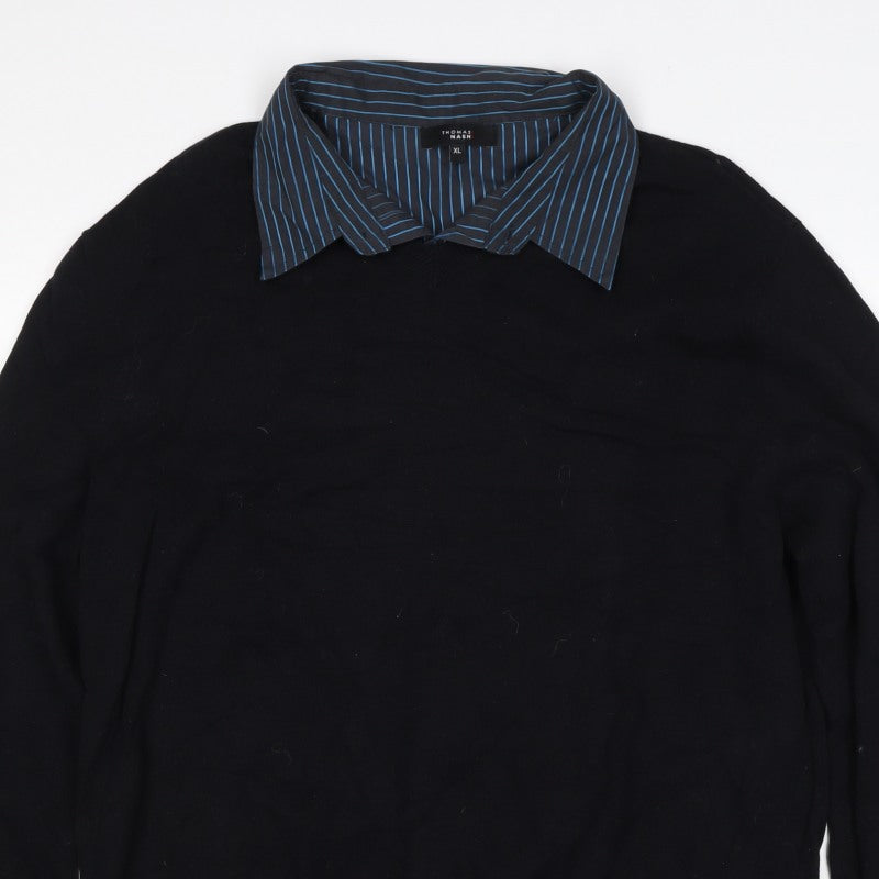 Thomas Nash Men Black Blue Stripe Collar XL Pullover Jumper
