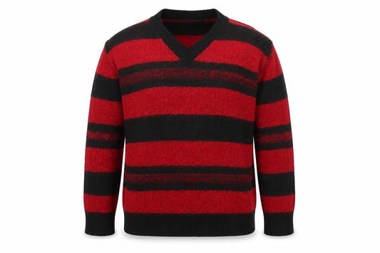Collusion Men's Red Black Striped V-Neck Knit Pullover Jumper 2XS