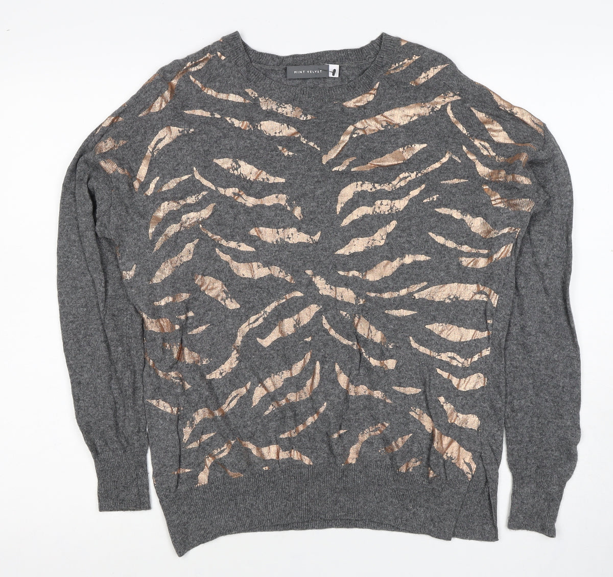 Mint Velvet Women Grey Gold Metallic S Crew Neck Knit Pullover Jumper