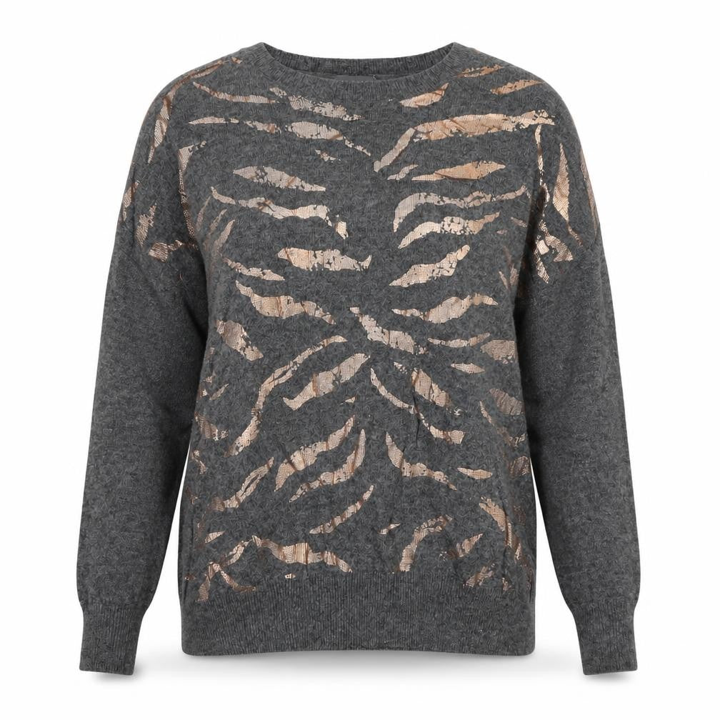 Mint Velvet Women Grey Gold Metallic S Crew Neck Knit Pullover Jumper