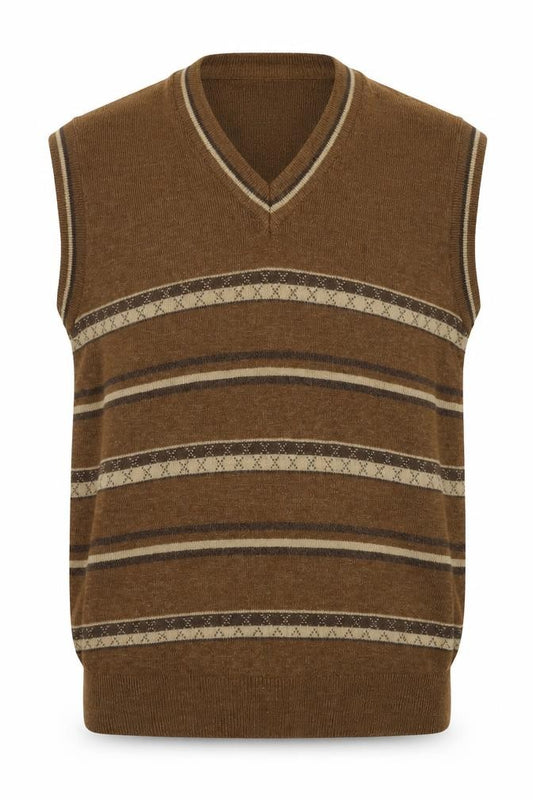 Veetex Men's Brown S V-Neck Striped Knit Sweater Vest Vintage
