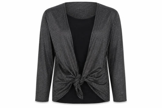 Isle Women Black Silver Metallic Tie Front Wrap Blouse M 14-16 Long Sleeve