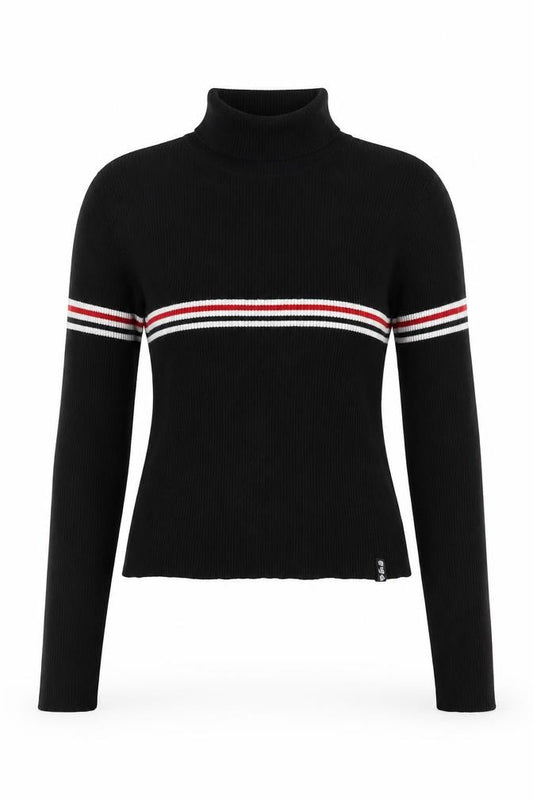 Pull&Bear Women Black M High Neck Striped Rib Knit Long Sleeve Top