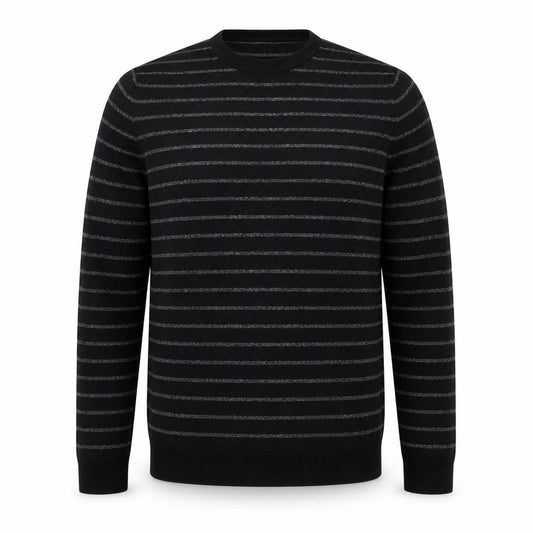 Marks and Spencer Men Black Grey L Merino Blend Striped Crew Neck Jumper