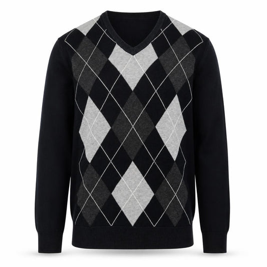 Atlantic Bay Men Black Grey Argyle V-Neck Cotton Jumper L