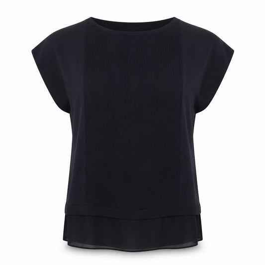 Next Women's Black UK 12 Rib Knit Chiffon Hem Short Sleeve Tunic Top
