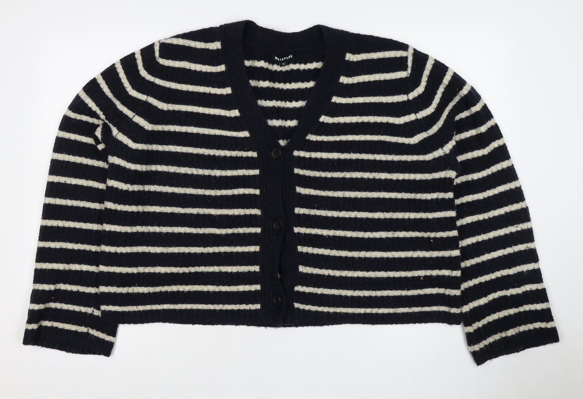 Whistles Women Black M Wool Blend Striped V-Neck Button Cardigan