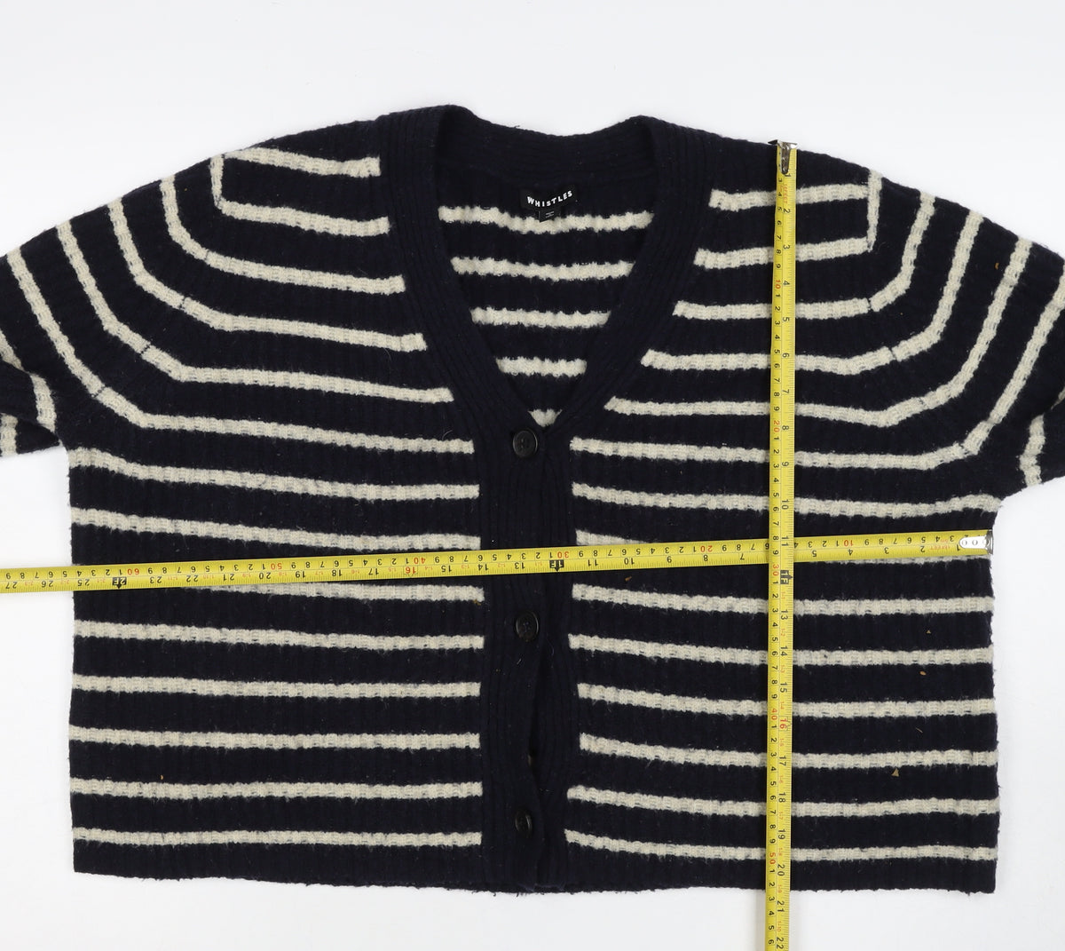Whistles Women Black M Wool Blend Striped V-Neck Button Cardigan
