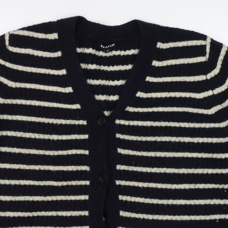 Whistles Women Black M Wool Blend Striped V-Neck Button Cardigan