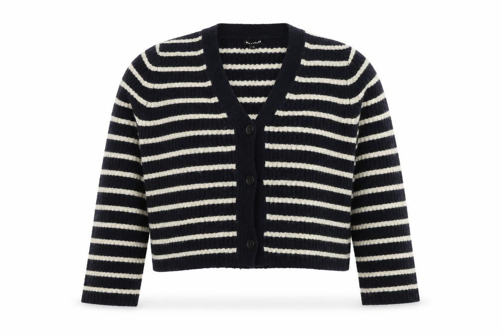 Whistles Women Black M Wool Blend Striped V-Neck Button Cardigan