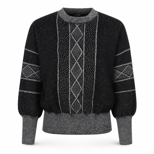 Klass Women’s Black Silver Rhinestone Geometric Knit Jumper Size S