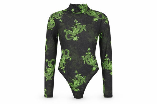 PrettyLittleThing Women Black Green Dragon Mesh Bodysuit UK 10