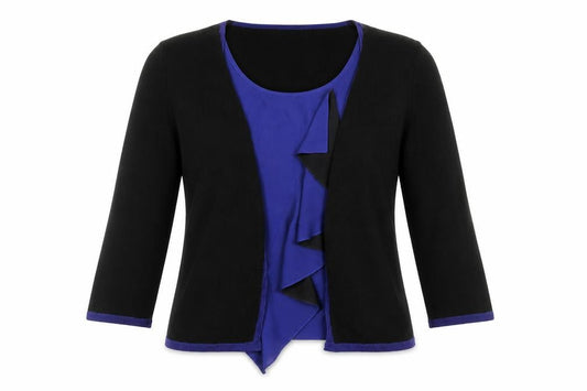 Per Una Women Black Blue Ruffle Open Cardigan Size 16 3/4 Sleeve