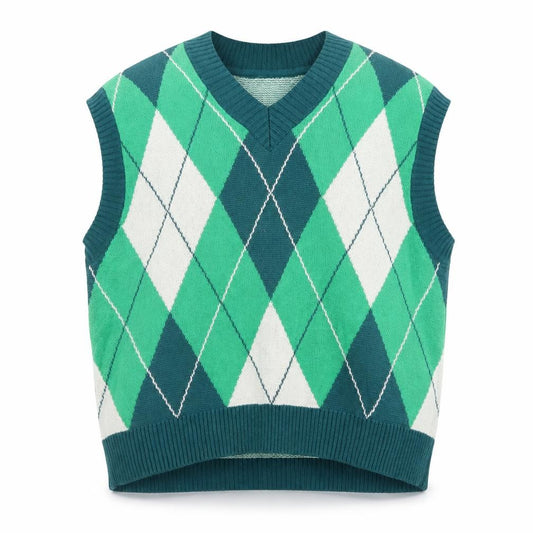 H&M Men’s Green L Argyle V-Neck Relaxed Fit Cotton Knit Sweater Vest