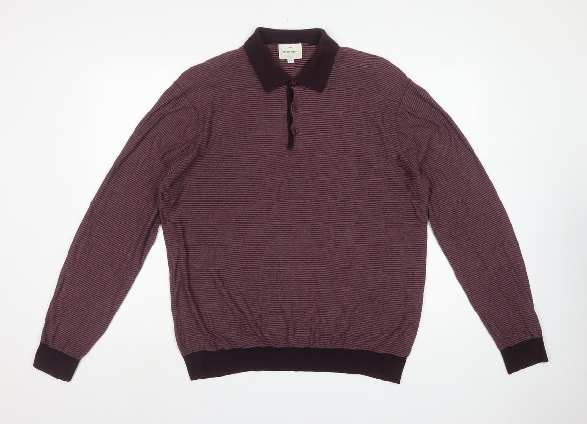 Peter Werth Men’s Purple Striped Cotton Henley Jumper Size XL