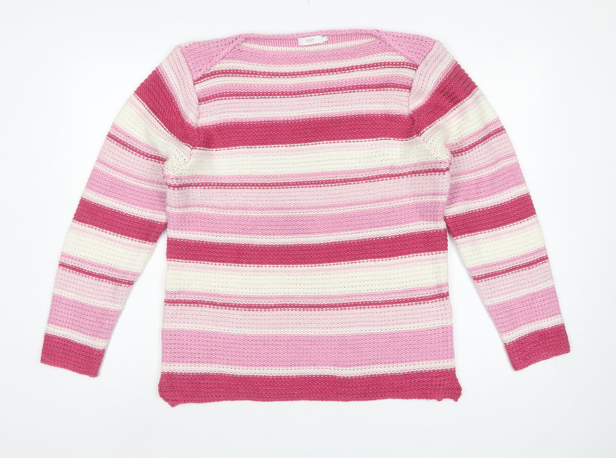 Cotton Traders Women Pink Striped Chunky Knit Pullover Jumper UK 16