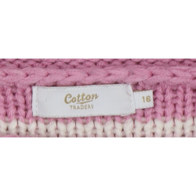 Cotton Traders Women Pink Striped Chunky Knit Pullover Jumper UK 16