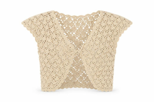 Next Women Beige S Cropped Crochet Open Front Short Sleeve Shrug