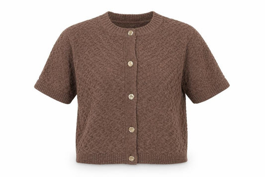 Marks and Spencer Women Brown M Short Sleeve Textured Knit Cardigan