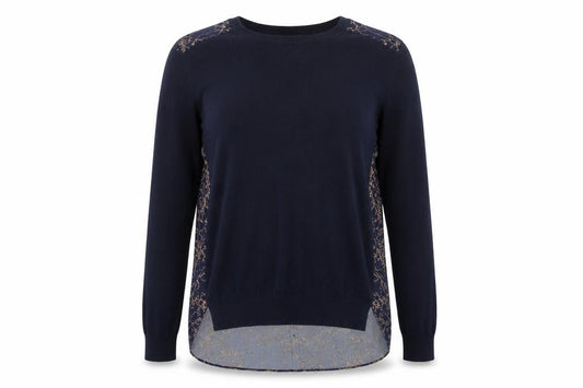 Next Women Blue UK 14 Floral Knit Shirt Hem Crew Neck Pullover Jumper