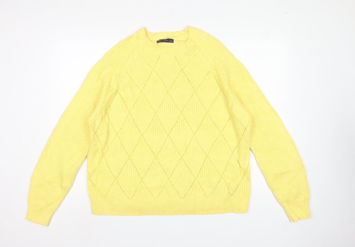 Marks & Spencer Womens Yellow XL Argyle Rib Knit Crew Neck Jumper