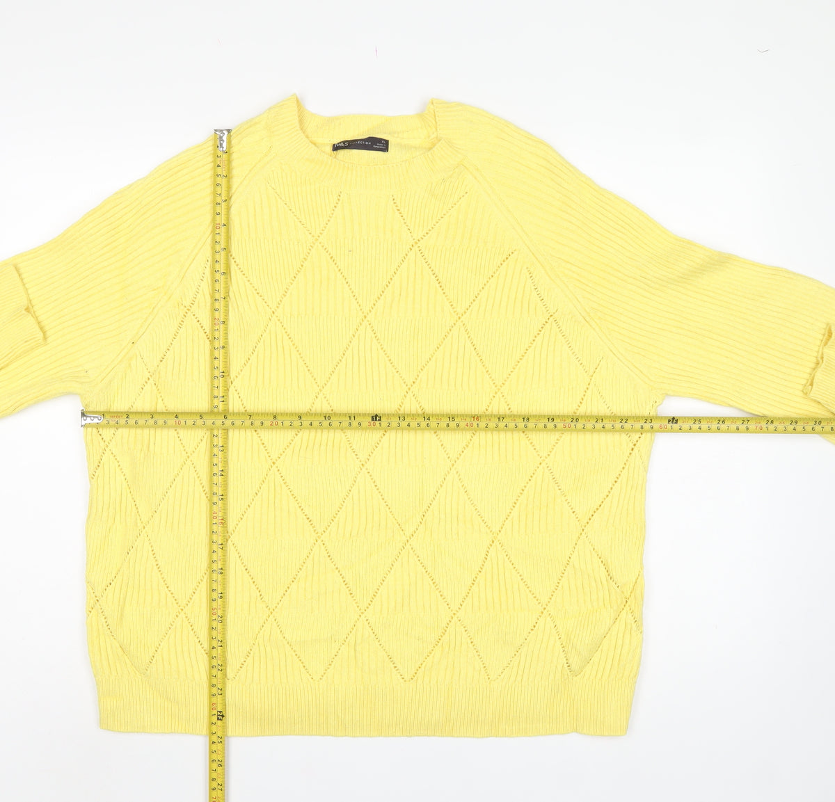 Marks & Spencer Womens Yellow XL Argyle Rib Knit Crew Neck Jumper