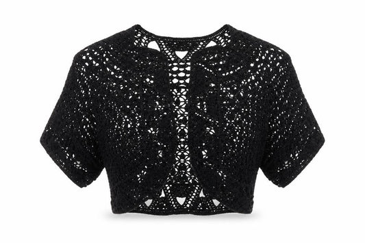 Wallis Women Black M Cropped Crochet Boho Short Sleeve Blouse
