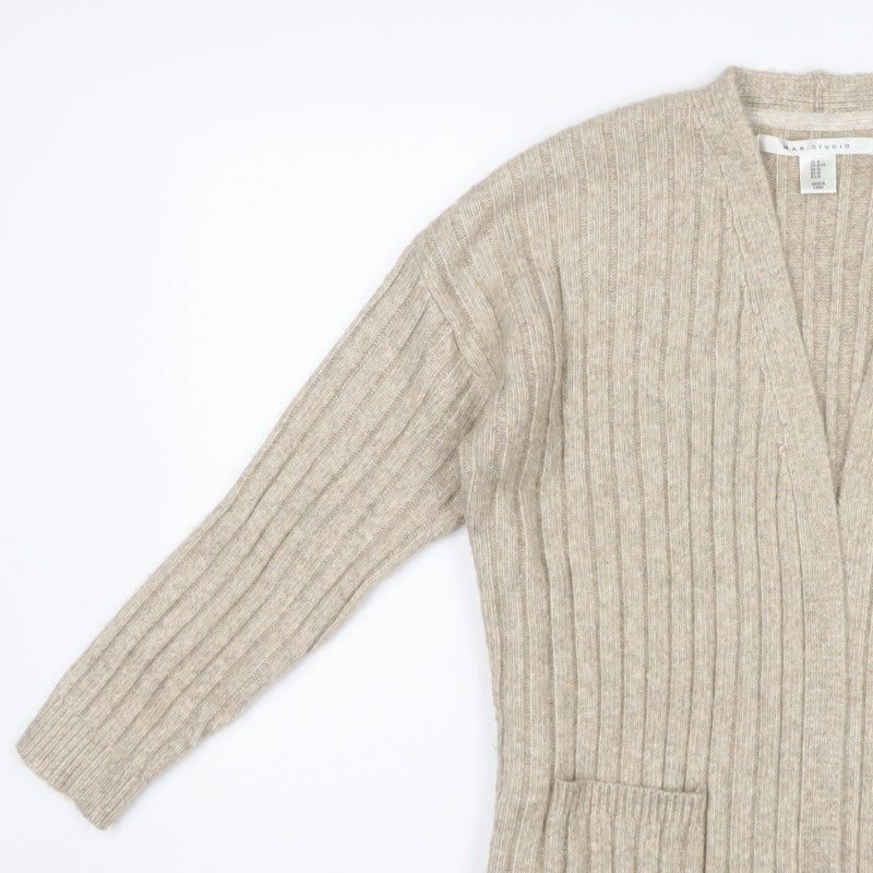 Max Studio Women Beige M Ribbed Open Cardigan Long Sleeve Pockets