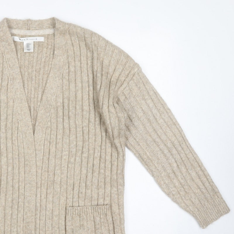 Max Studio Women Beige M Ribbed Open Cardigan Long Sleeve Pockets