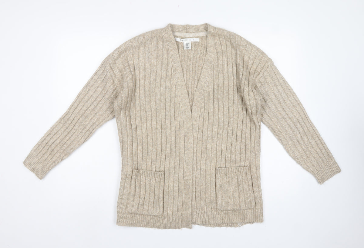 Max Studio Women Beige M Ribbed Open Cardigan Long Sleeve Pockets
