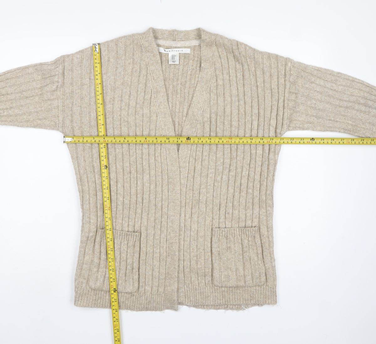 Max Studio Women Beige M Ribbed Open Cardigan Long Sleeve Pockets