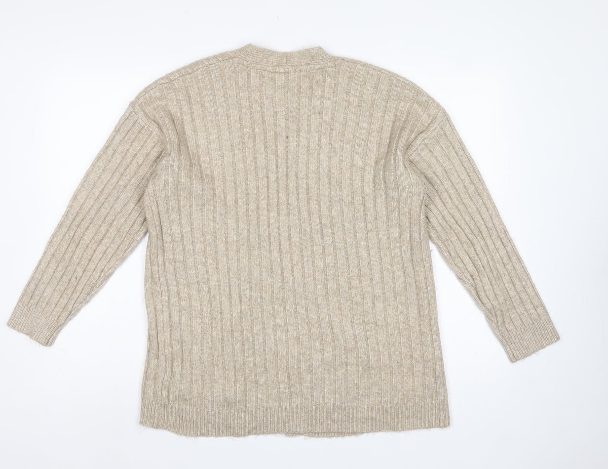 Max Studio Women Beige M Ribbed Open Cardigan Long Sleeve Pockets