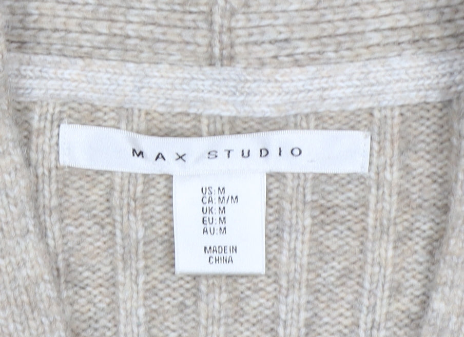 Max Studio Women Beige M Ribbed Open Cardigan Long Sleeve Pockets